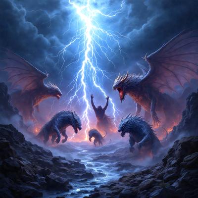 The primary subject of the image is a group of dragons, with one dragon in the foreground and three others in the background. The dragons are standing around a waterfall, with lightning illuminating the scene. The setting is a dark, stormy environment, with the dragons appearing to be in the midst of a storm. The visual style is a digital art illustration, with the dragons depicted in a detailed and realistic manner. The colors and mood of the image are dramatic and intense,